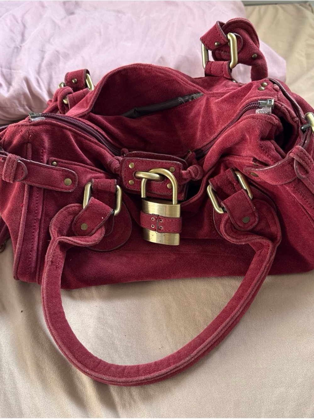 Women's Red Suede Satchel Handbag with Gold Hardware